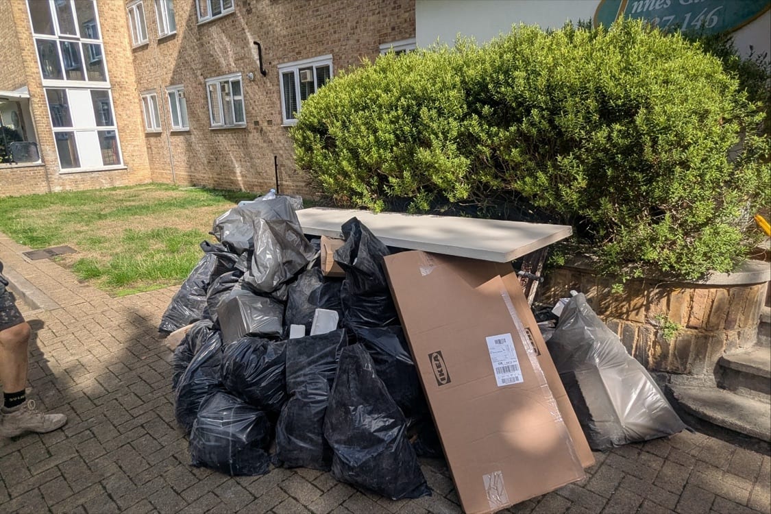 Pile of construction waste collected for removal at the Innes Gardens flat during the refurb