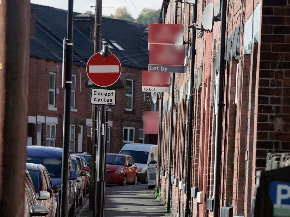 To Let boards on a street of terraced houses, a sign of strong local rental demand